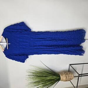 Ava Rose Blue Popcorn Textured Lace Trim Midi Dress D10674 Womens Large‎